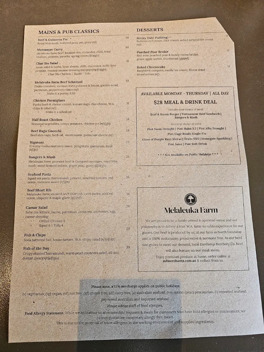 Menu, C.Y. O'Connor Village Pub
