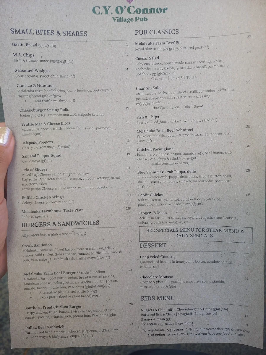 Menu, C.Y. O'Connor Village Pub
