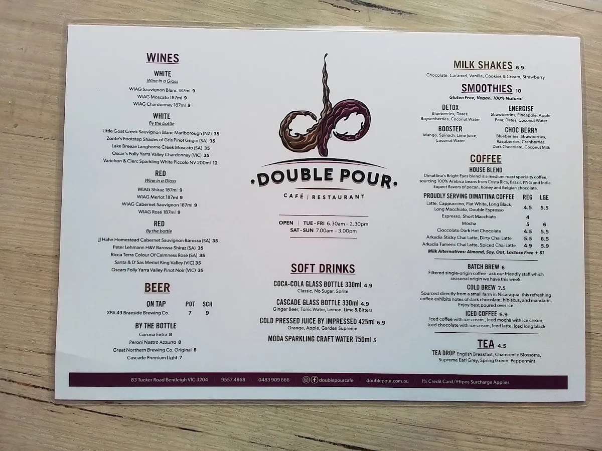 Menu, Double Pour Cafe