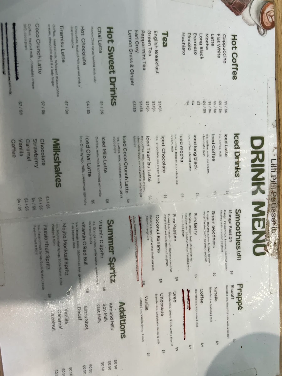 Menu, Lilli Pilli Patisserie Café