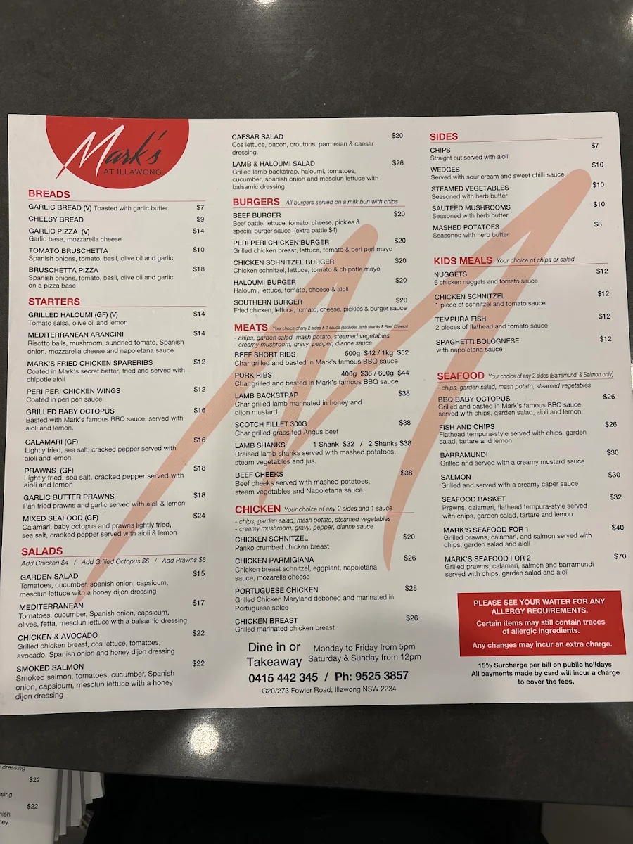 Menu, Mark’s at Illawong
