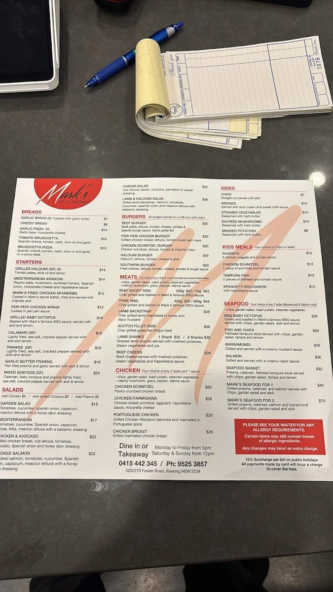 Menu, Mark’s at Illawong