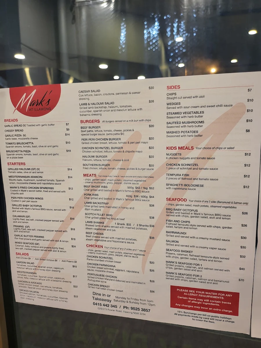 Menu, Mark’s at Illawong
