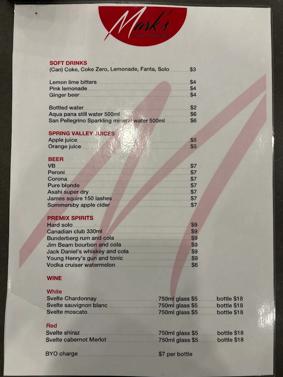 Menu, Mark’s at Illawong