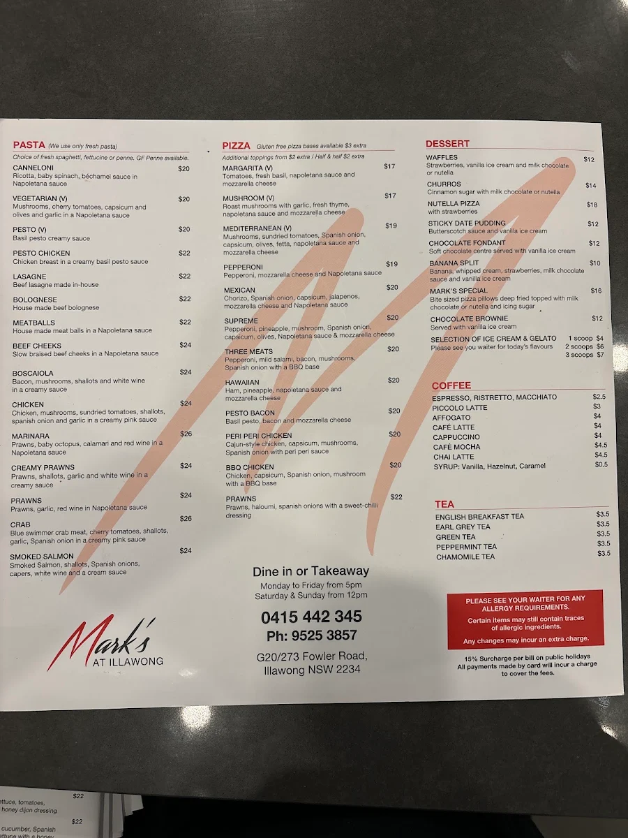 Menu, Mark’s at Illawong
