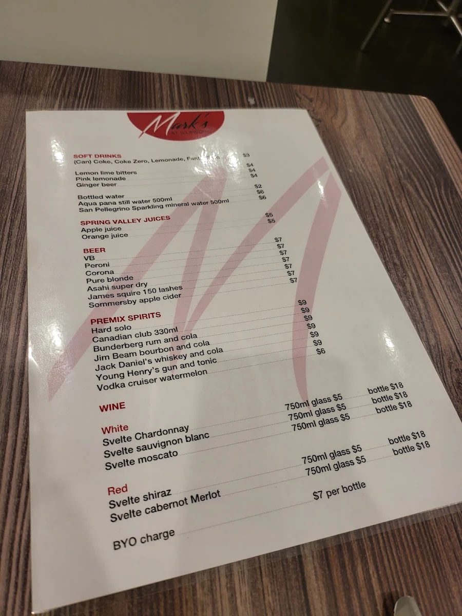 Menu, Mark’s at Illawong