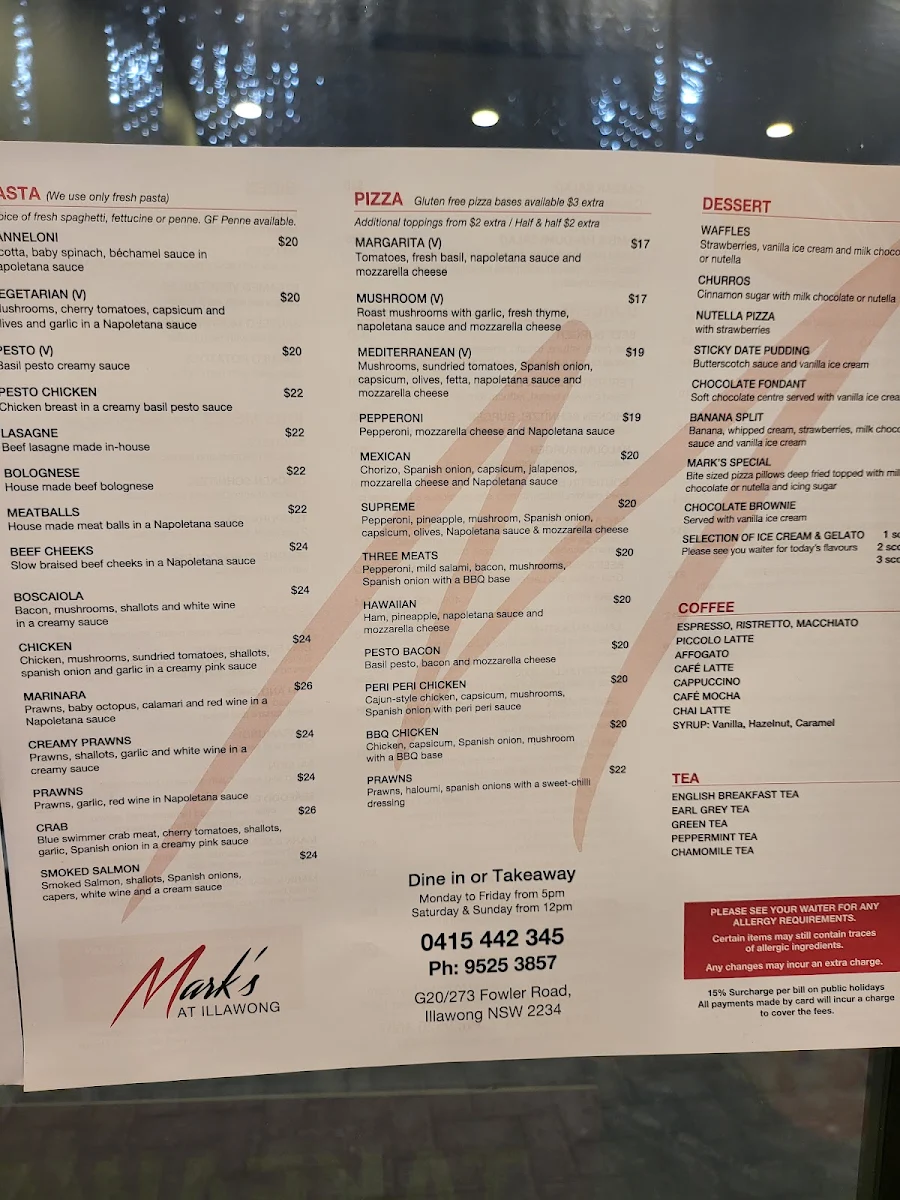 Menu, Mark’s at Illawong
