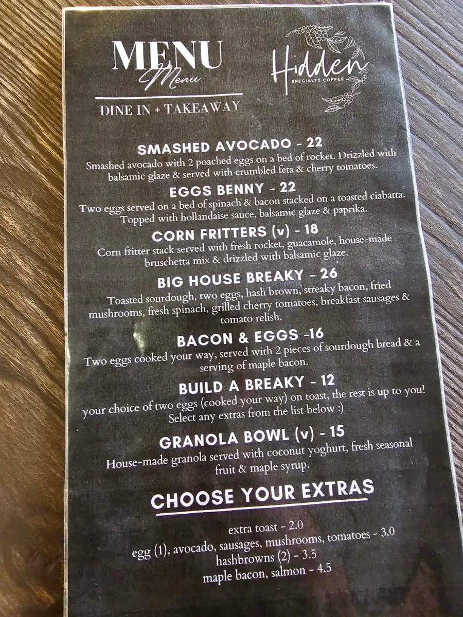 Menu, Hidden Specialty Coffee