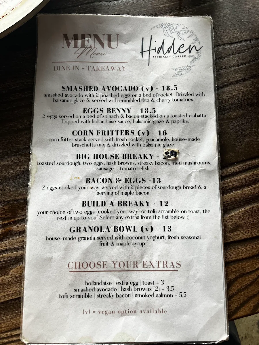 Menu, Hidden Specialty Coffee