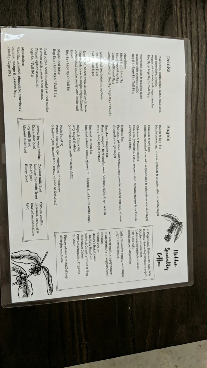 Menu, Hidden Specialty Coffee