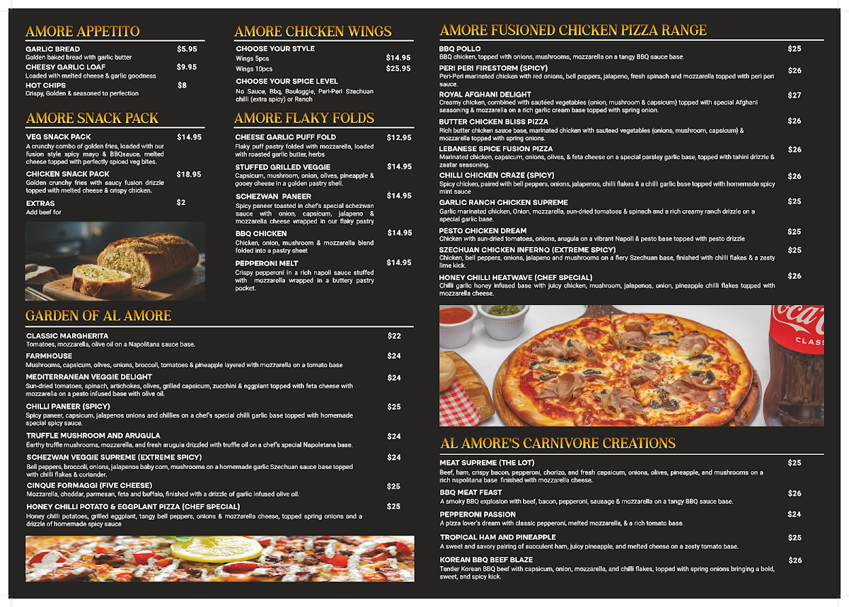 Menu, Al AMORE PIZZERIA SMYTHES CREEK