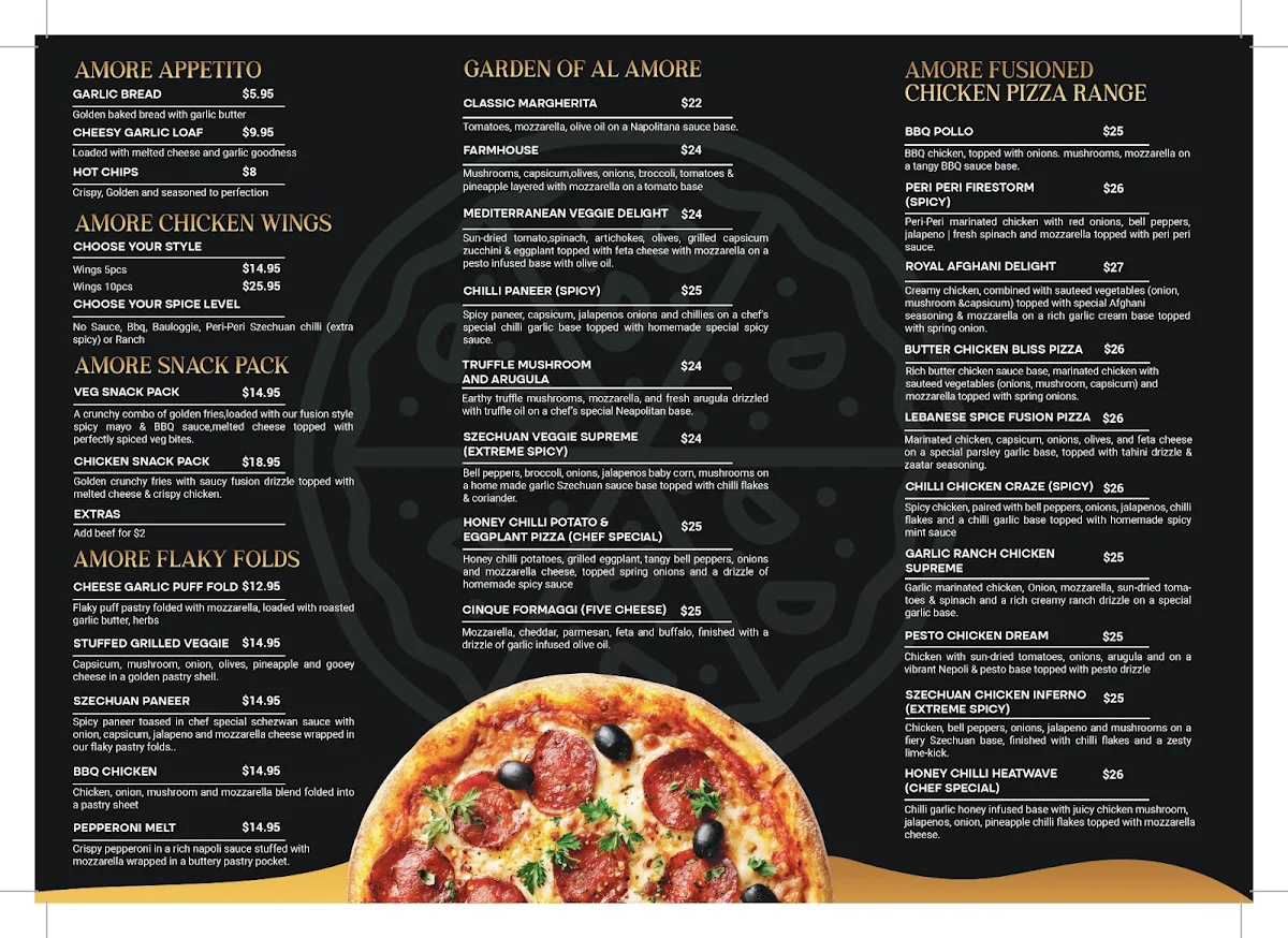Menu, Al AMORE PIZZERIA SMYTHES CREEK
