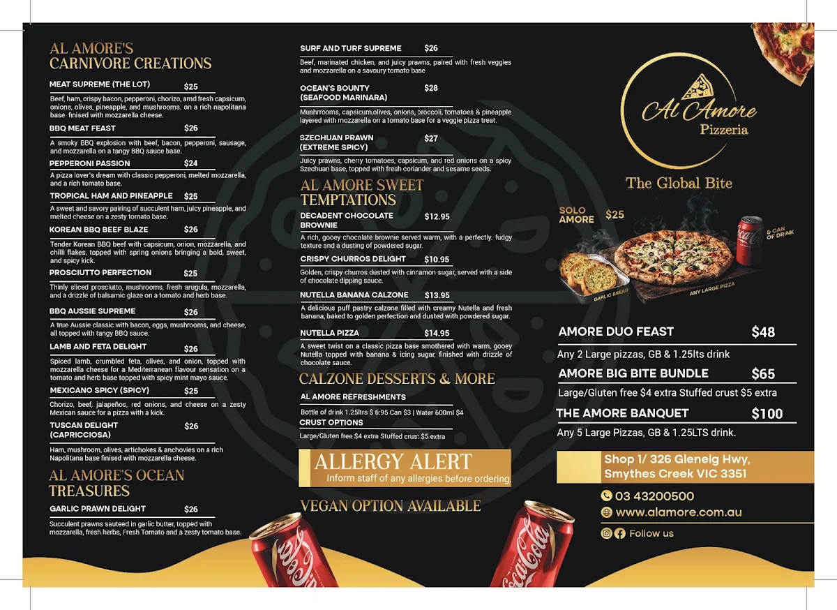 Menu, Al AMORE PIZZERIA SMYTHES CREEK