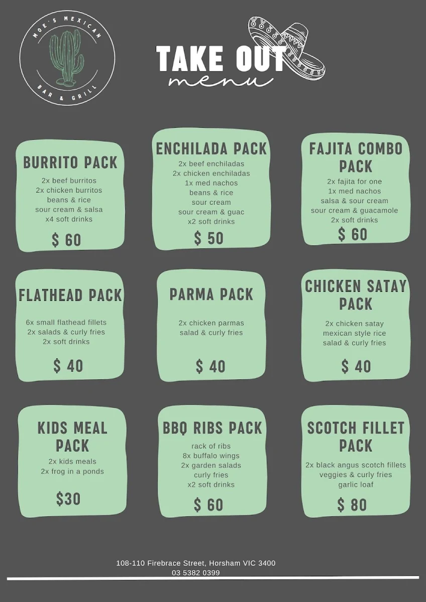 Menu, Moe's Mexican Bar & Grill