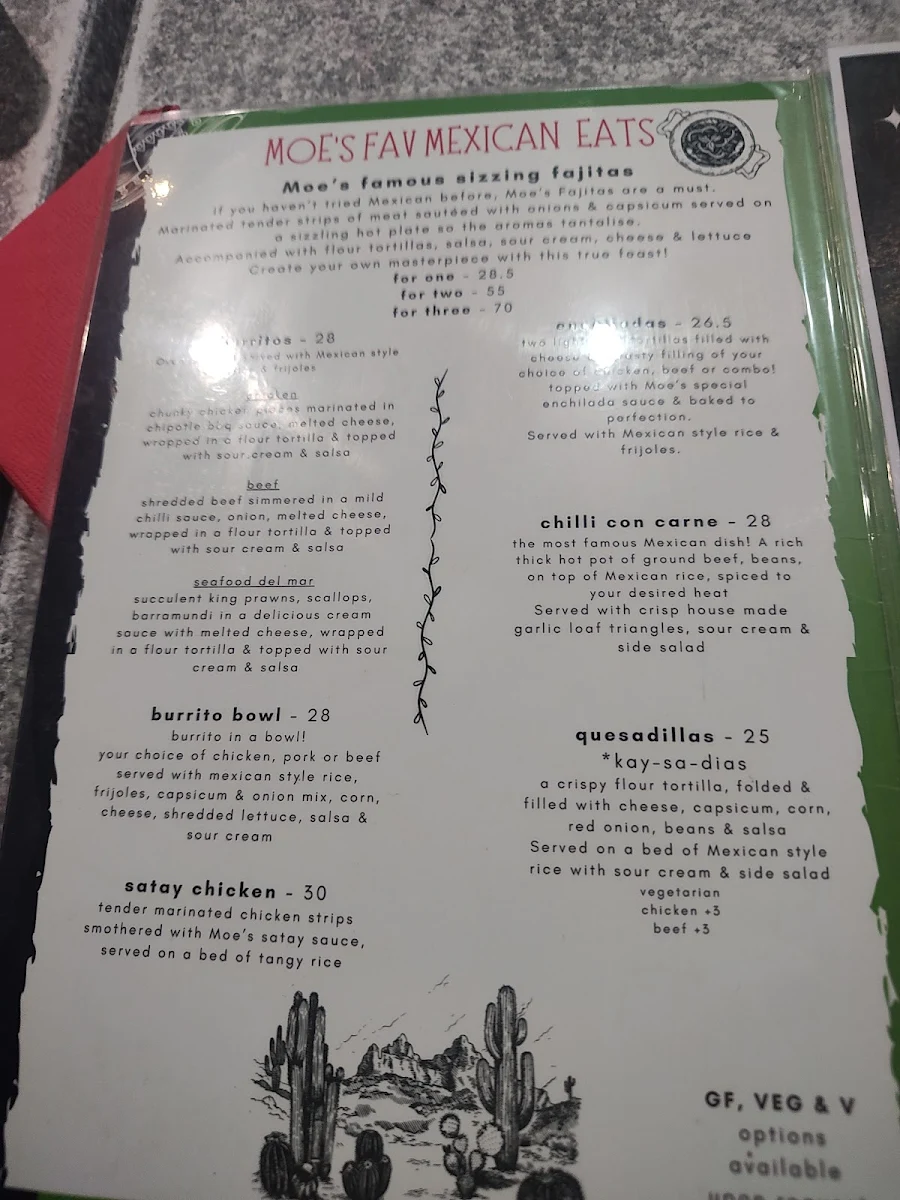 Menu, Moe's Mexican Bar & Grill