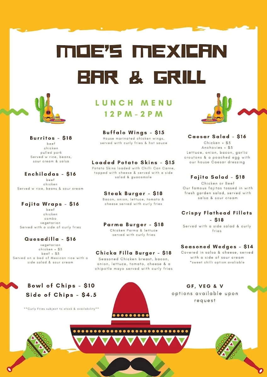 Menu, Moe's Mexican Bar & Grill