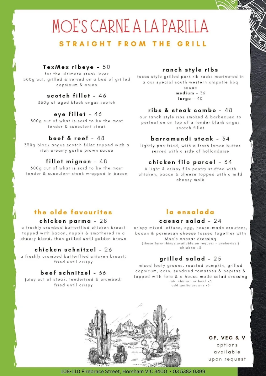 Menu, Moe's Mexican Bar & Grill