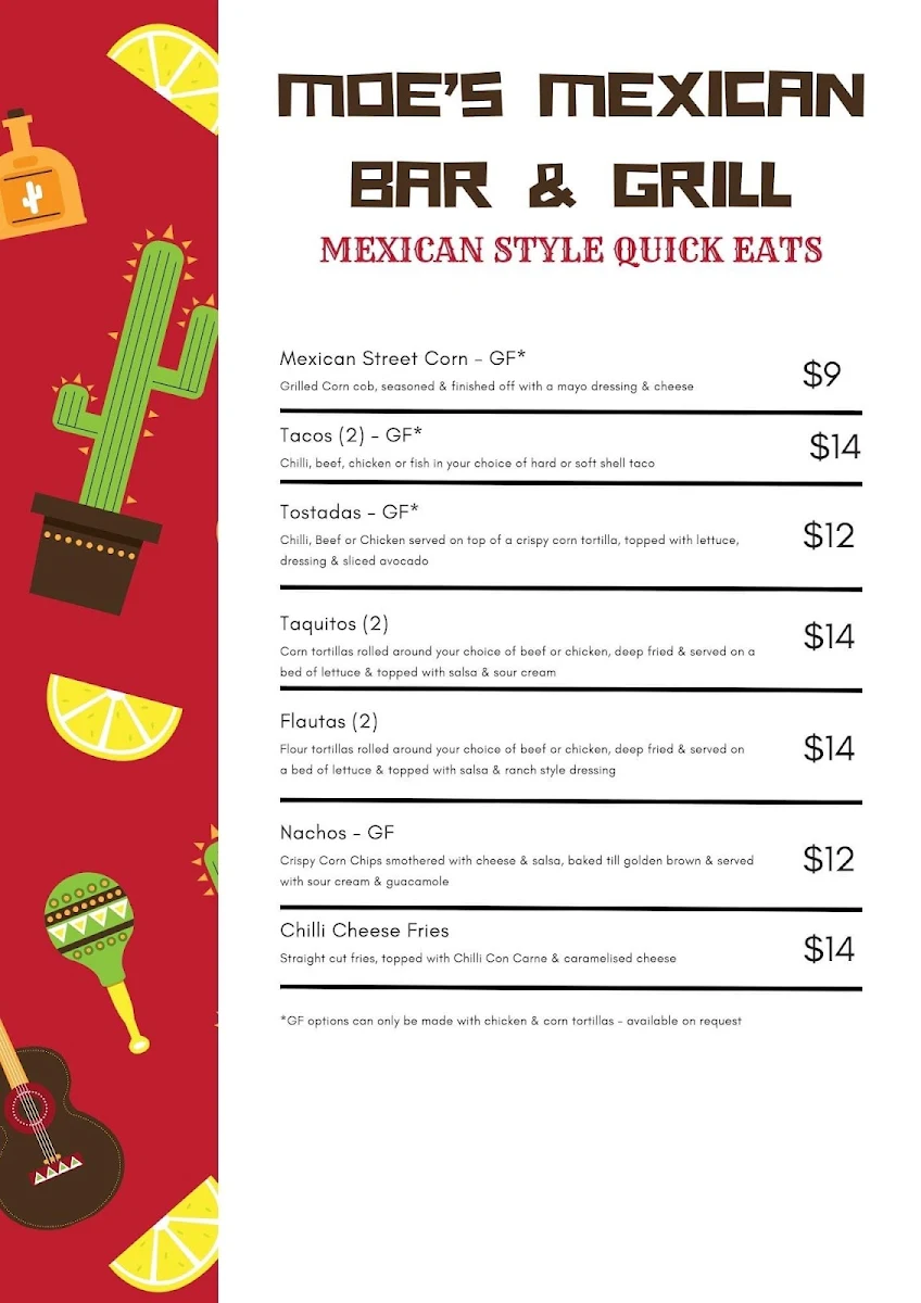 Menu, Moe's Mexican Bar & Grill