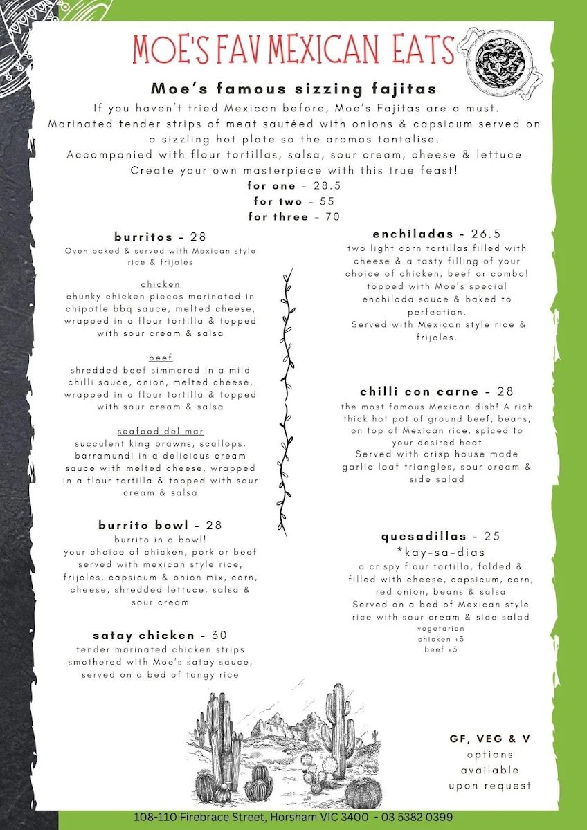 Menu, Moe's Mexican Bar & Grill