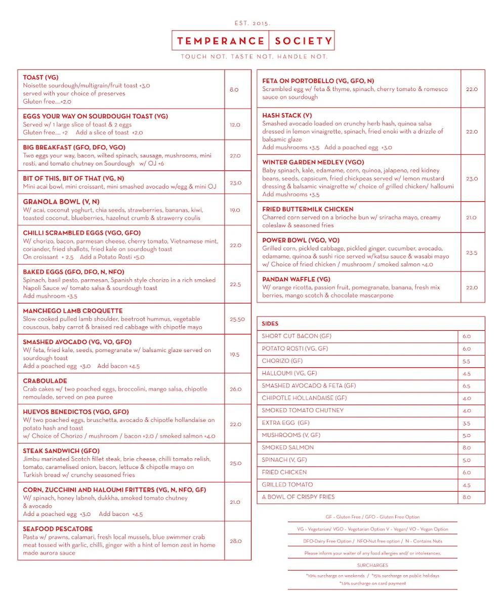 Menu, Temperance Society