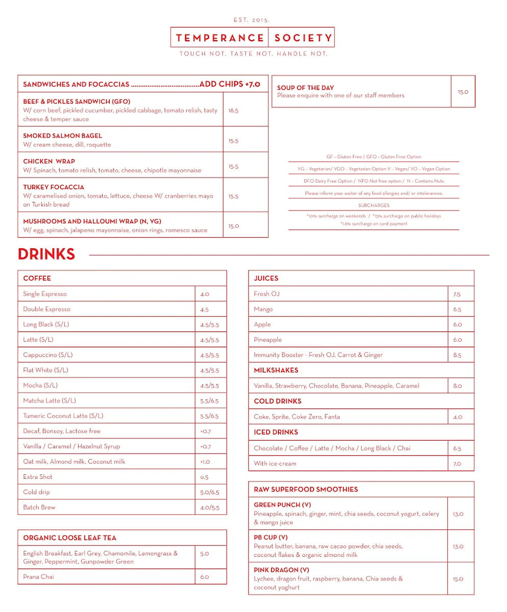 Menu, Temperance Society