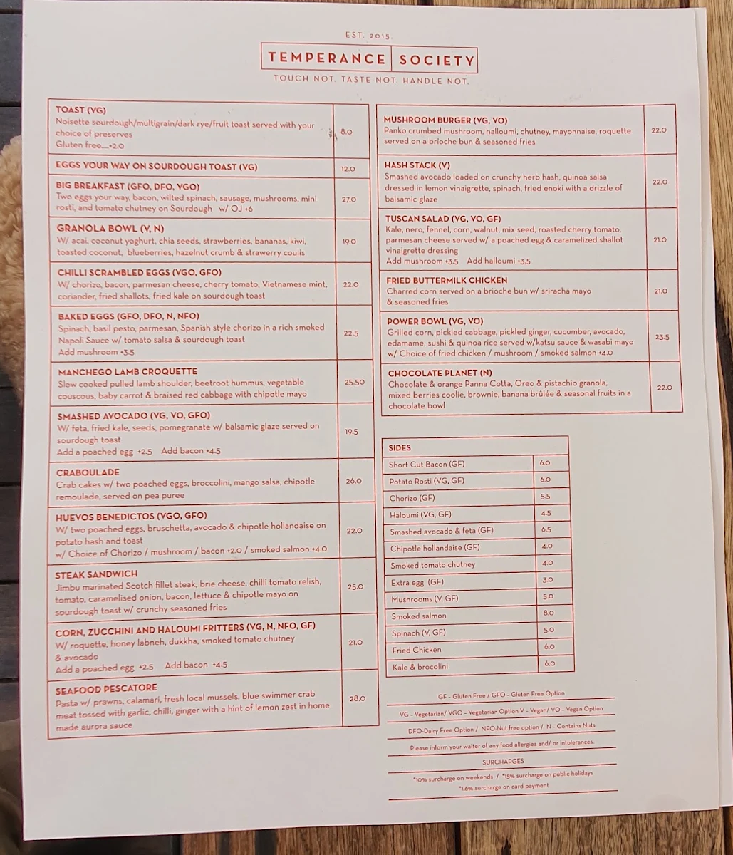 Menu, Temperance Society