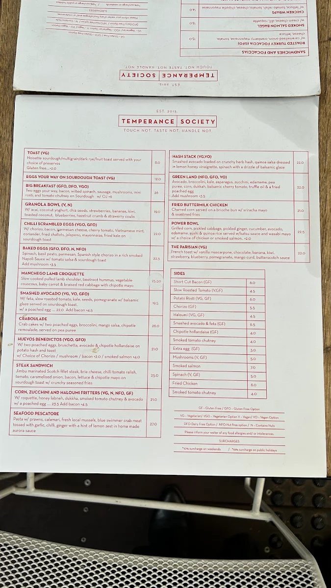 Menu, Temperance Society