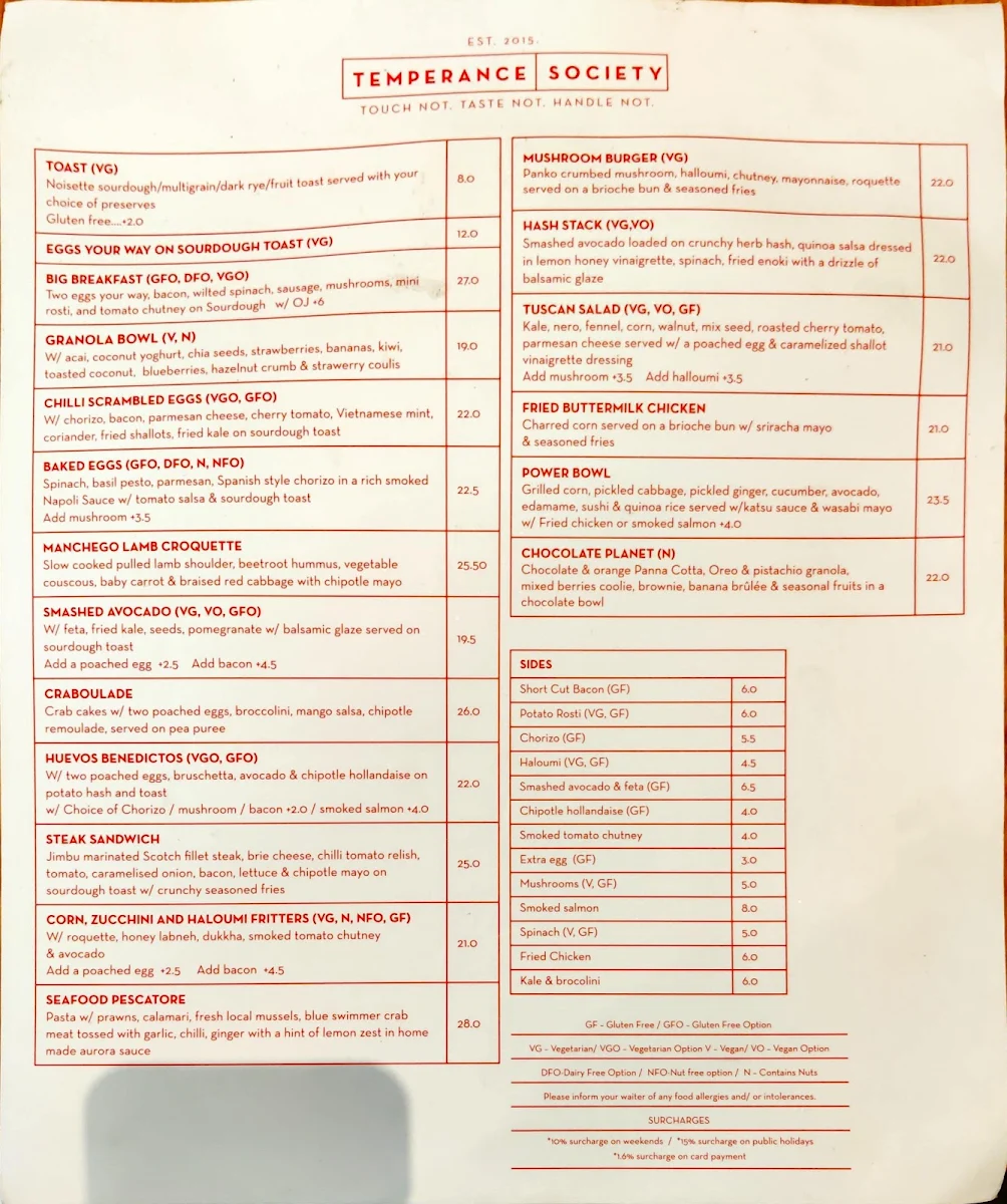 Menu, Temperance Society