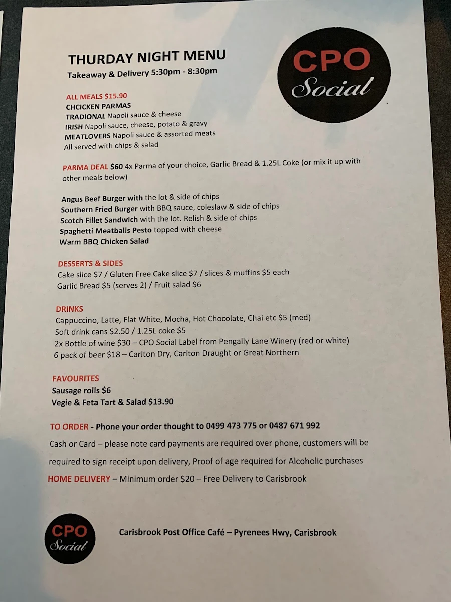 Menu, Carisbrook Post Office Cafe