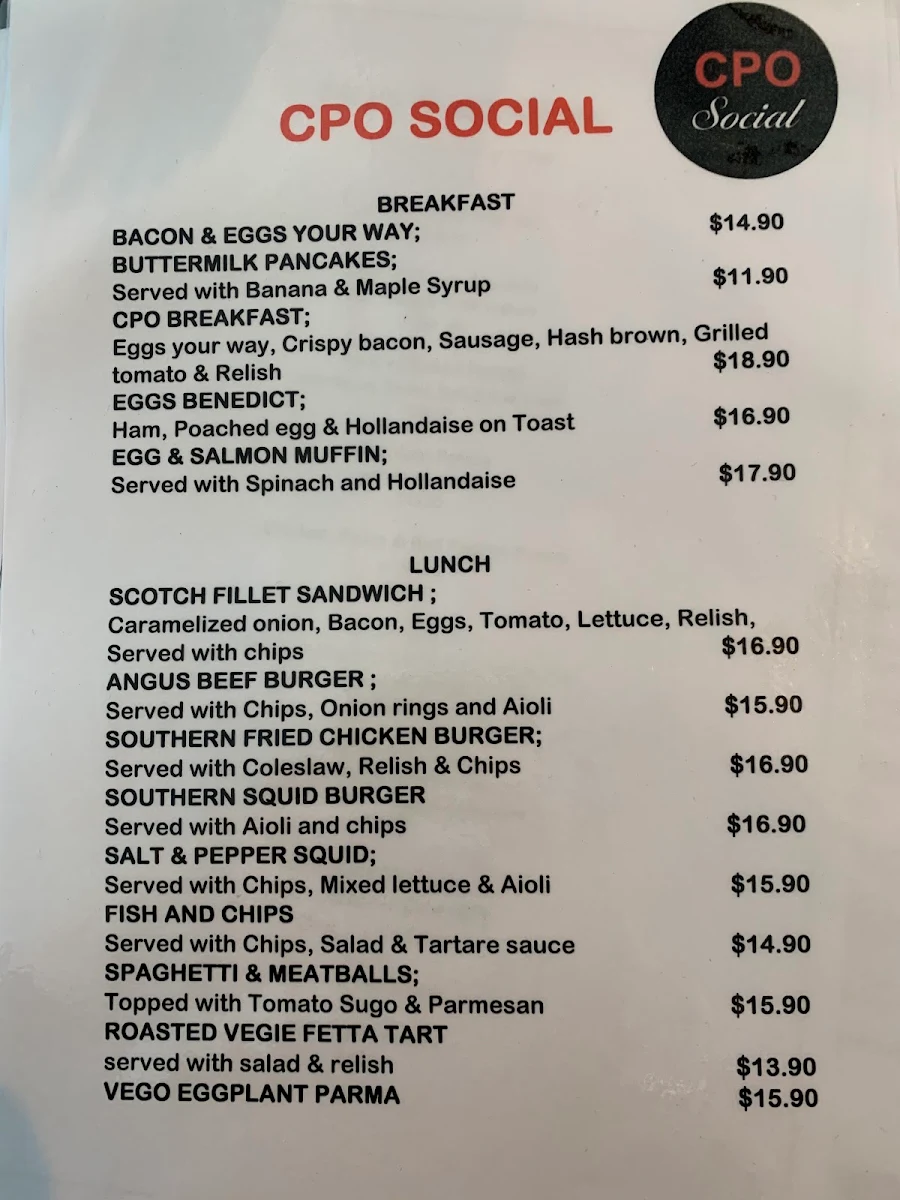 Menu, Carisbrook Post Office Cafe