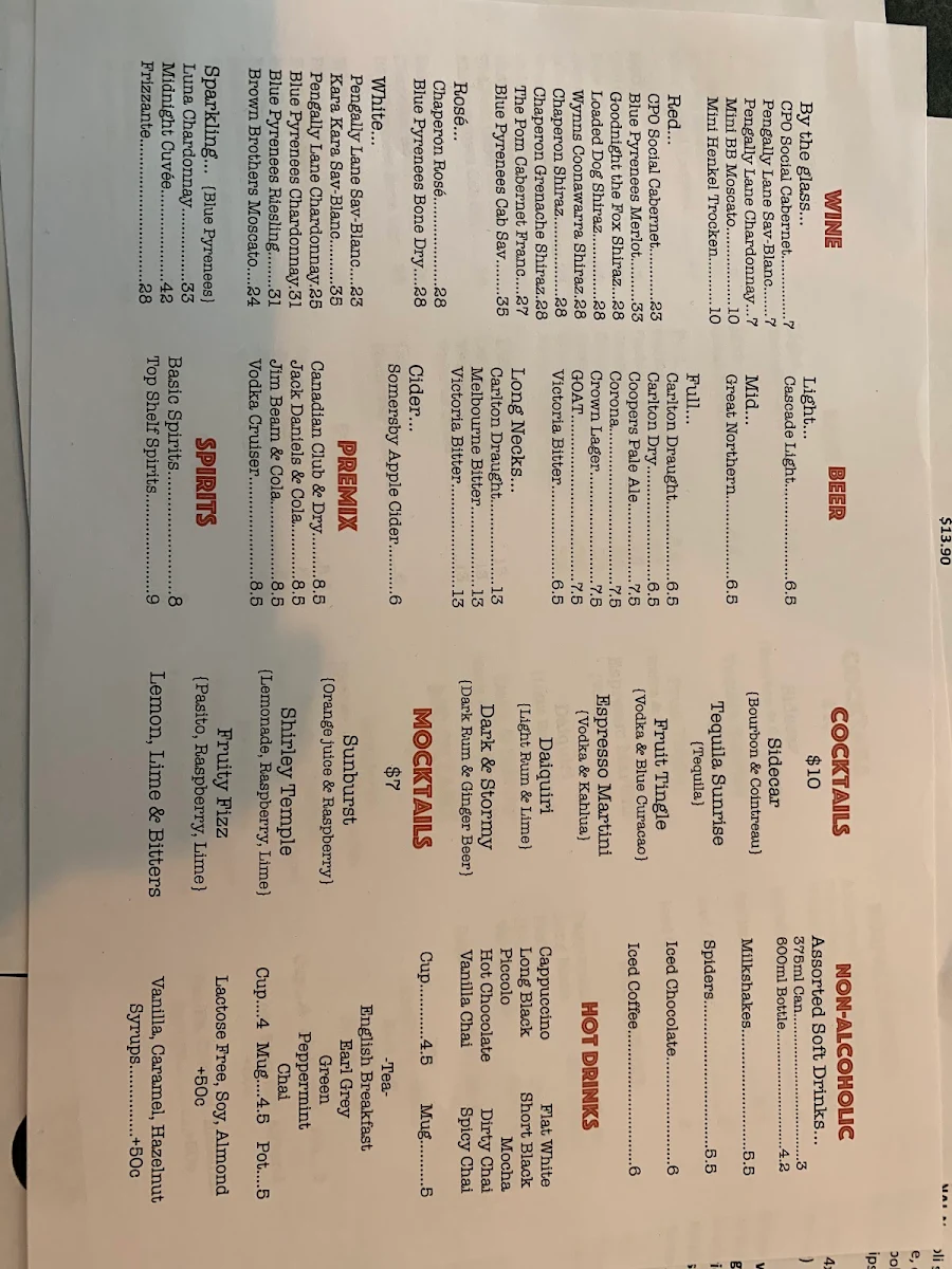 Menu, Carisbrook Post Office Cafe