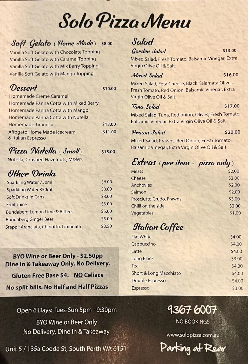 Menu, Solo Pizza