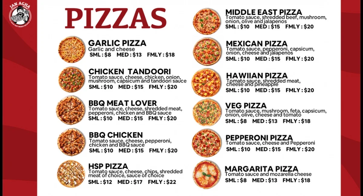 Menu, Jan Agha Pizza and Kebab