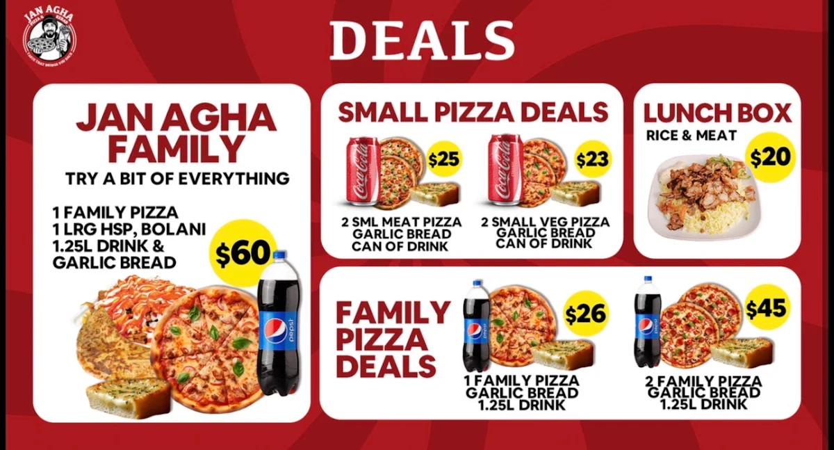 Menu, Jan Agha Pizza and Kebab
