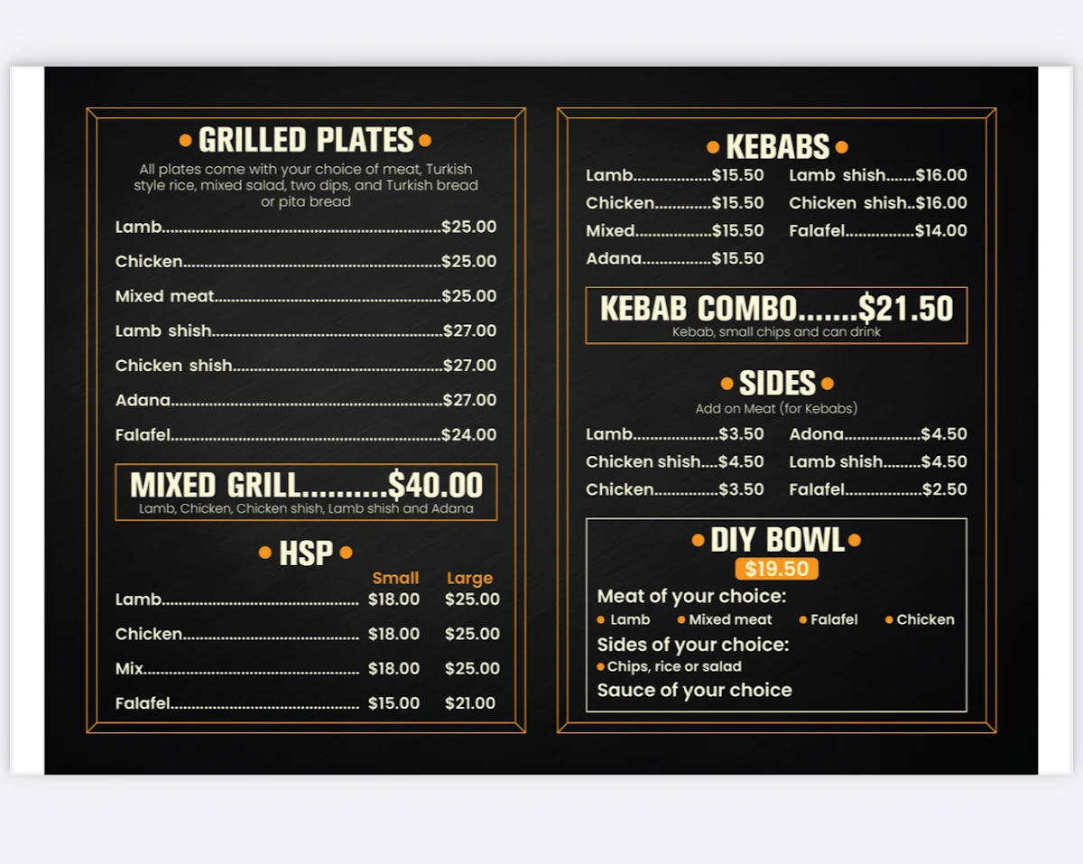 Menu, Flame Kebabs