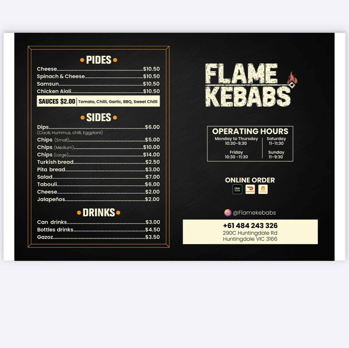 Menu, Flame Kebabs