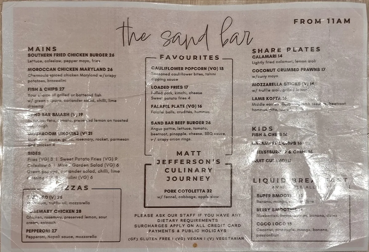 Menu, The Sand Bar