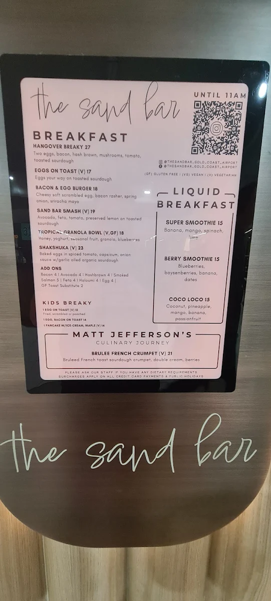 Menu, The Sand Bar