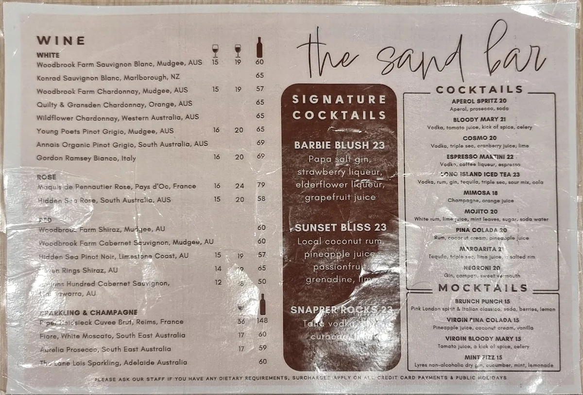 Menu, The Sand Bar