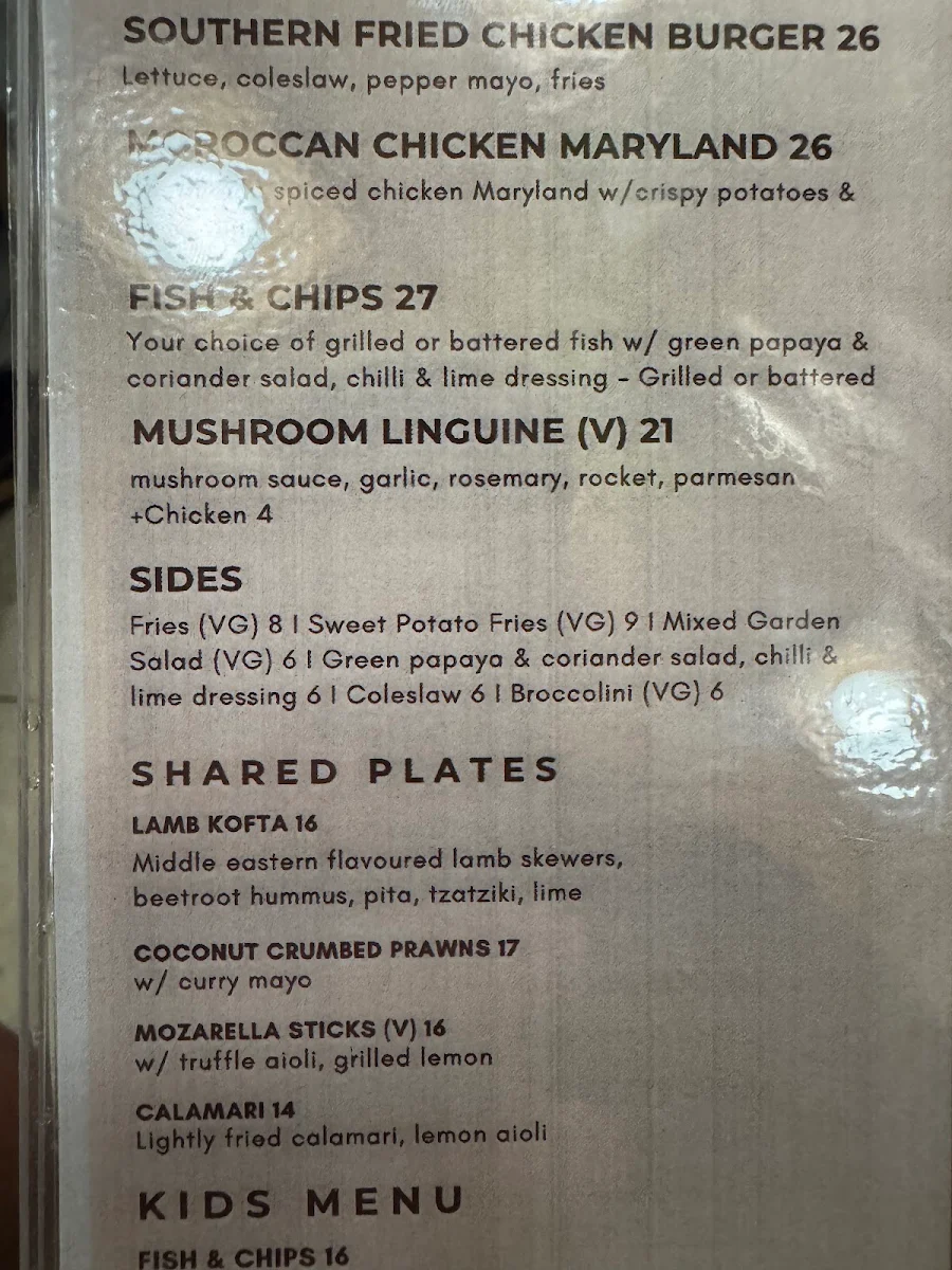 Menu, The Sand Bar