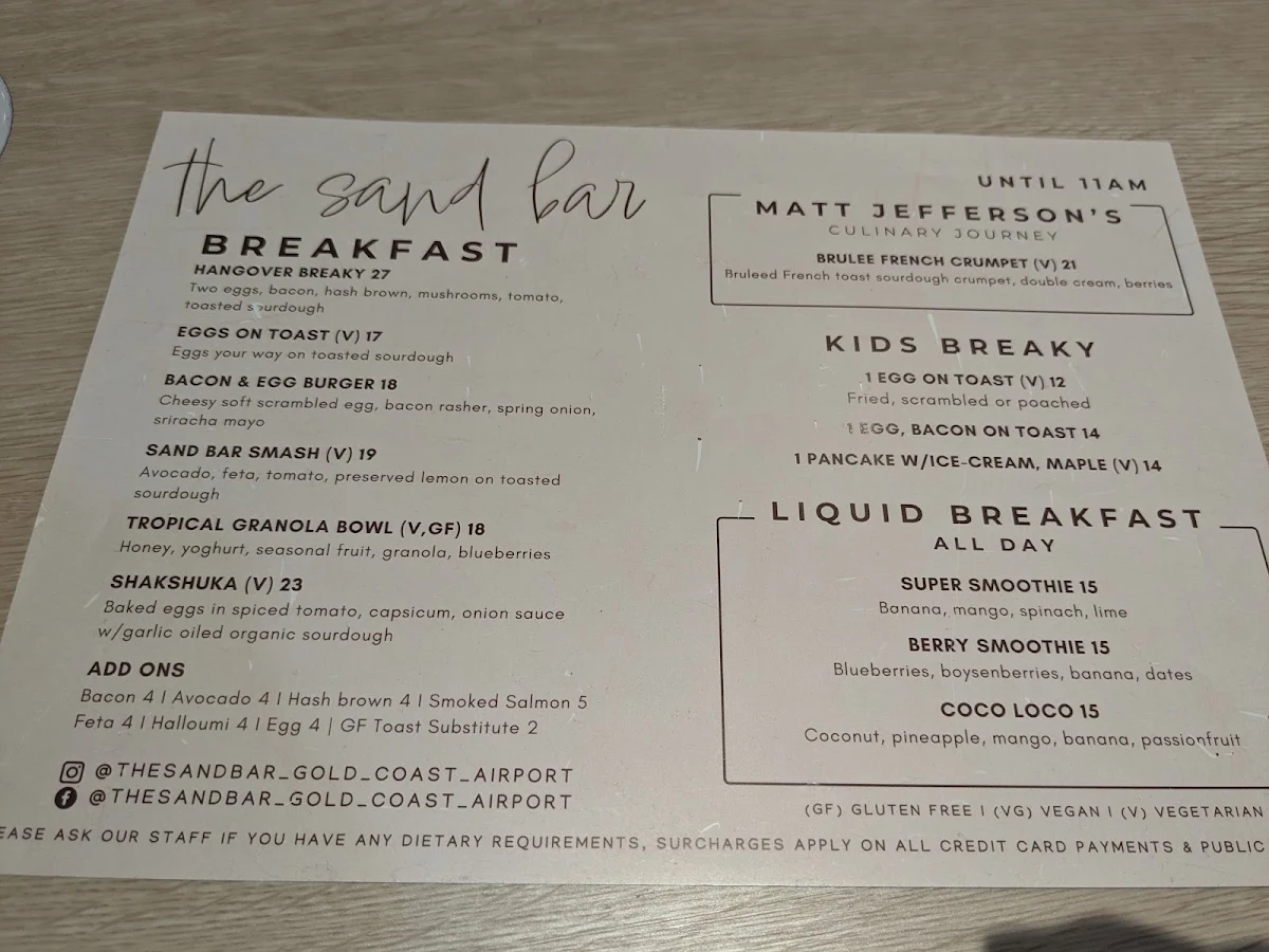 Menu, The Sand Bar