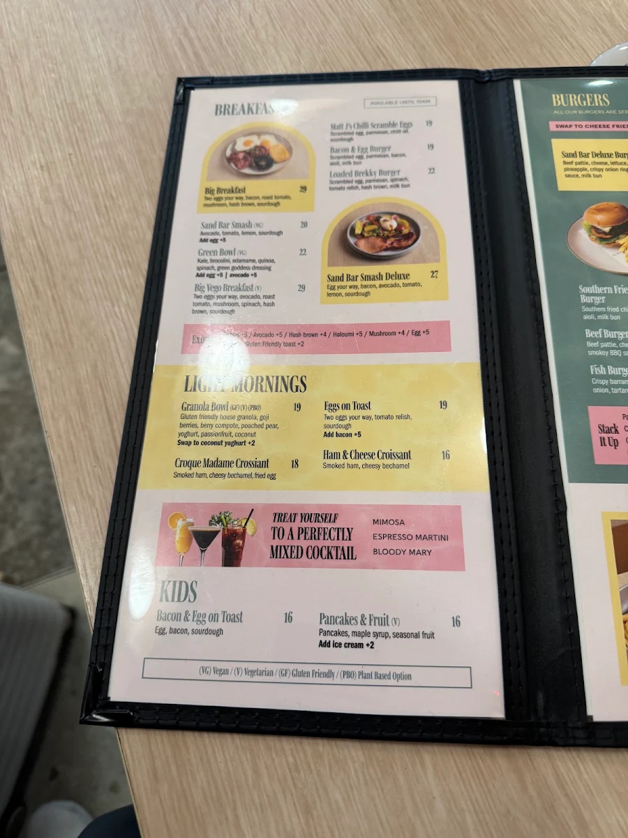 Menu, The Sand Bar