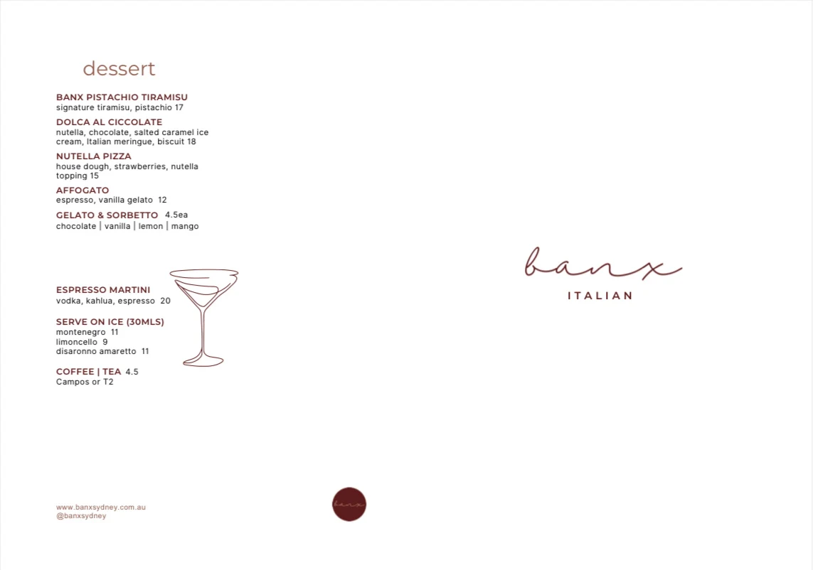 Menu, Banx Sydney