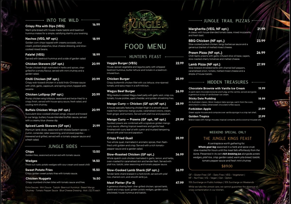 Menu, The Jungle Rooftop bar & lounge