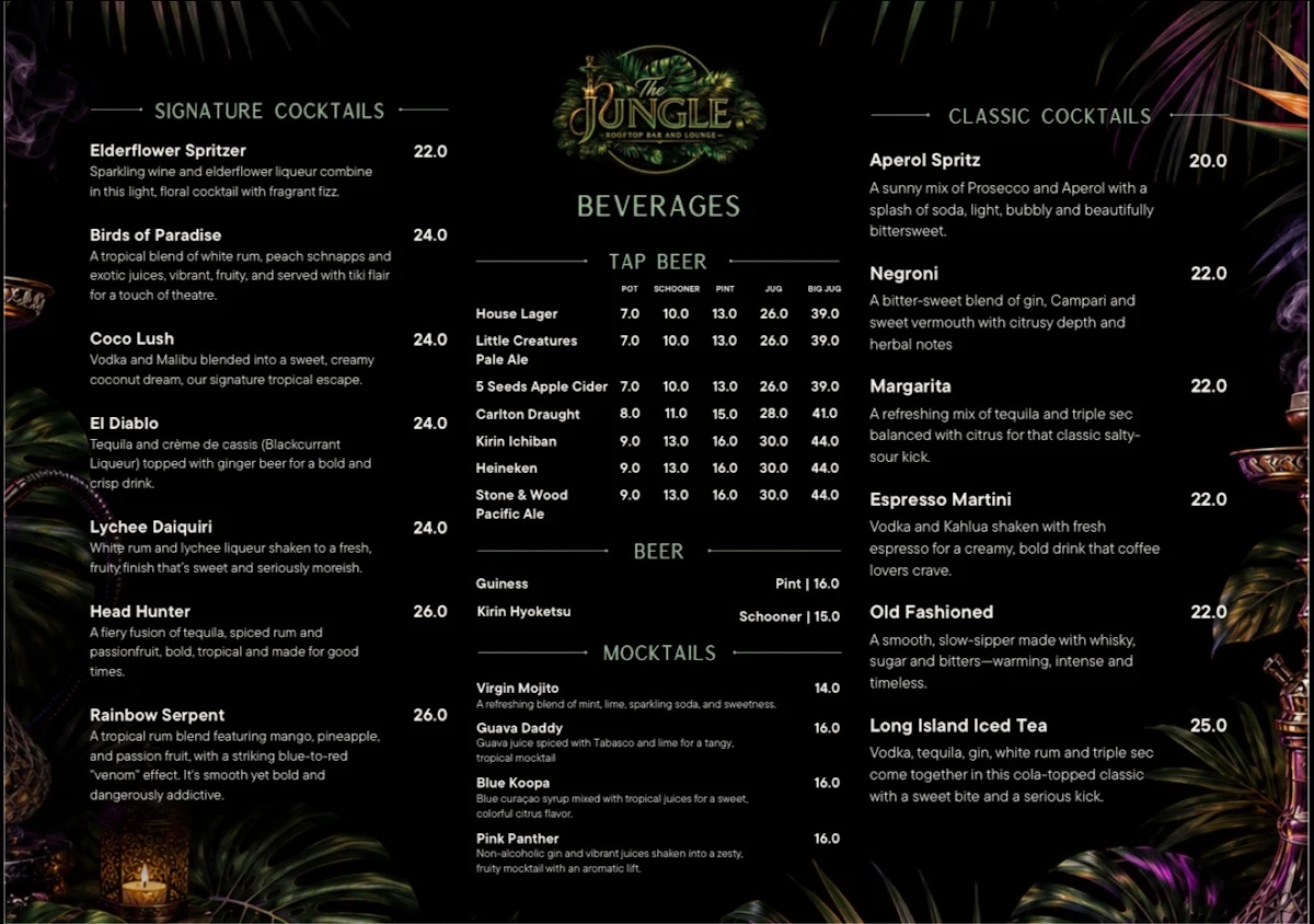 Menu, The Jungle Rooftop bar & lounge