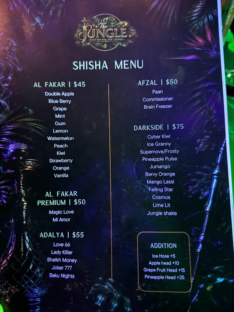 Menu, The Jungle Rooftop bar & lounge