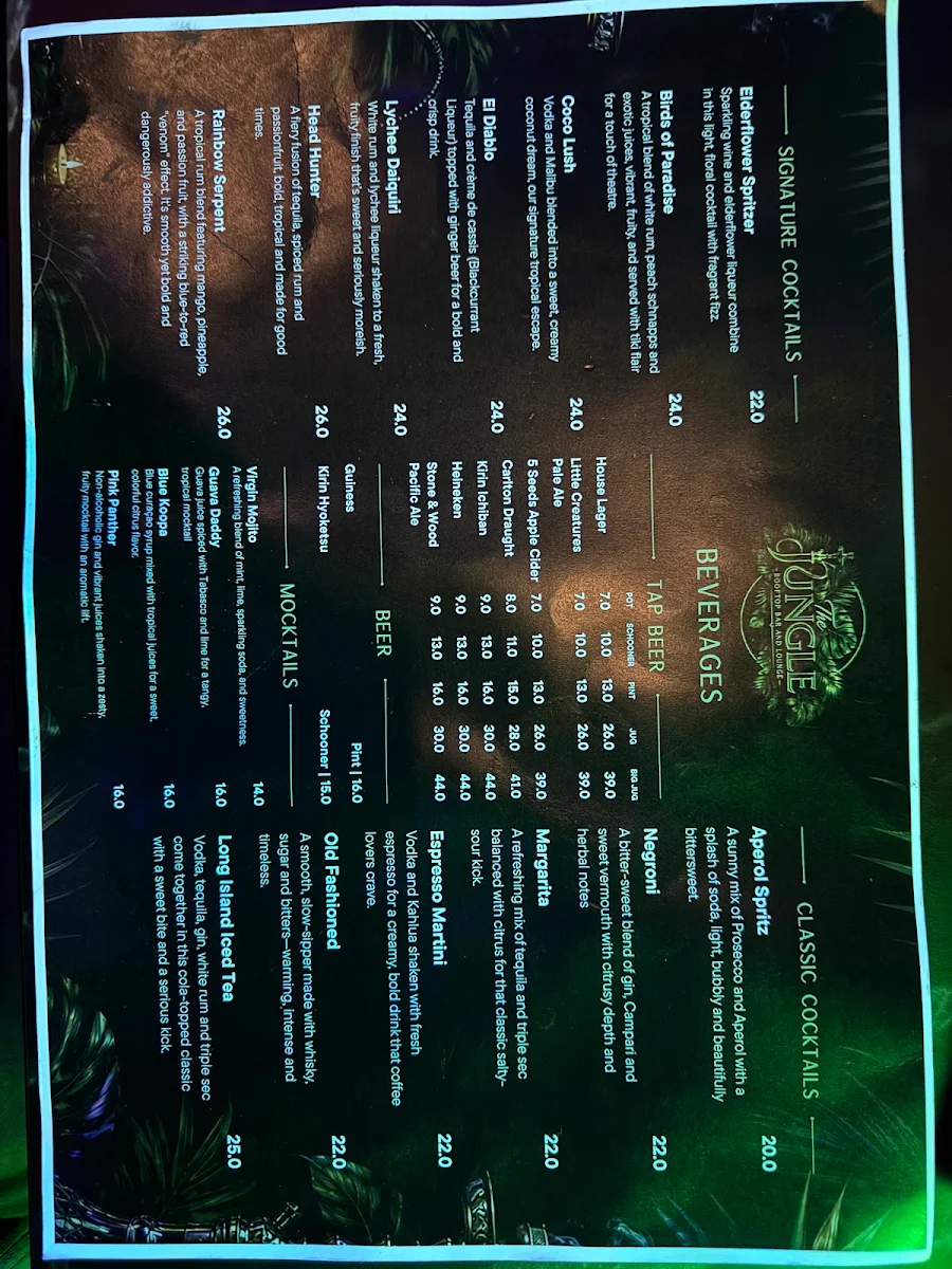 Menu, The Jungle Rooftop bar & lounge