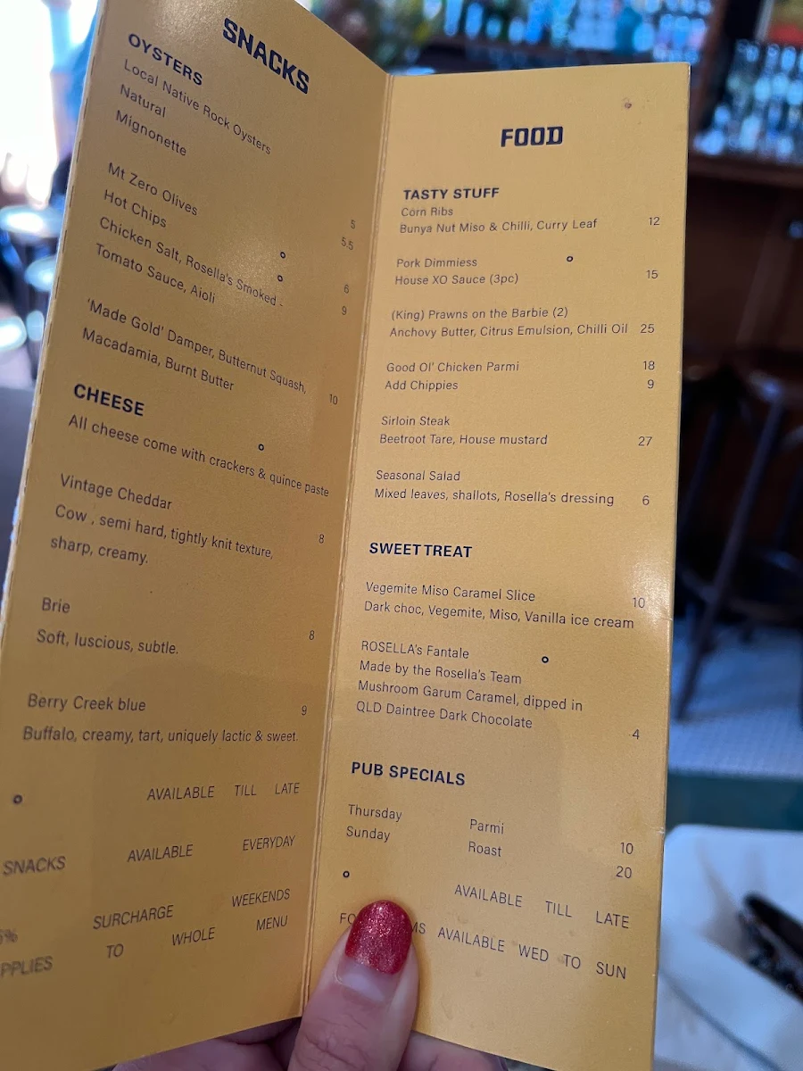 Menu, Rosella's