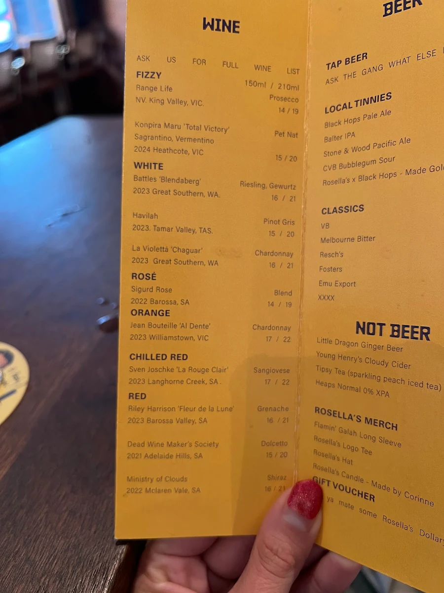 Menu, Rosella's