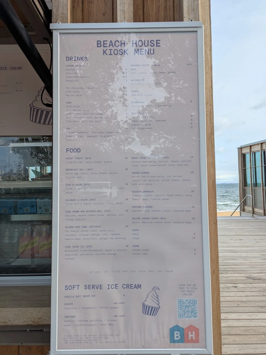 Menu, Dendy Beach Pavilion